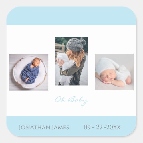 Baby Photo Blue Boy Script Birth Name Announcement Square Sticker