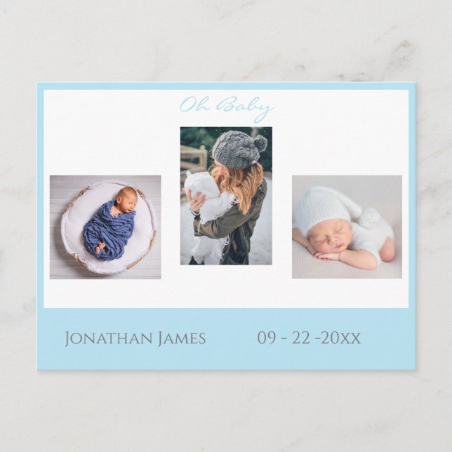 Baby Photo Blue Boy Script Stats Cute Birth Announcement Postcard (Front)