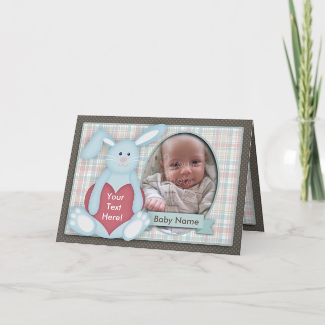 Baby Photo Card, Blue Bunny, Plaid, You Customize Announcement (Front)