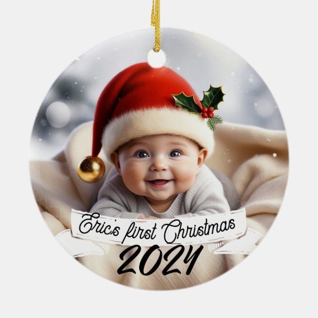 Baby Photo Christmas Cute Fox  Ceramic Ornament (Back)