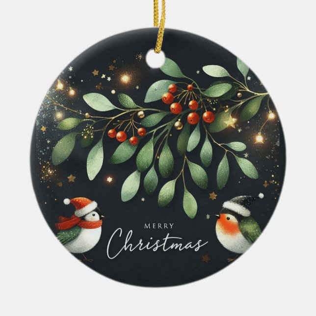 Baby Photo Christmas Mistletoe Robin Wreath Ceramic Ornament (Front)