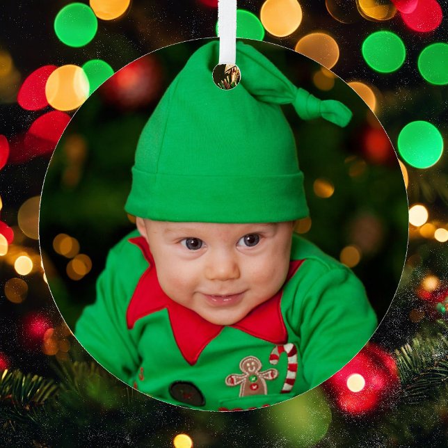 Baby Photo Christmas with Name and Year Metal Ornament (Creator Uploaded)