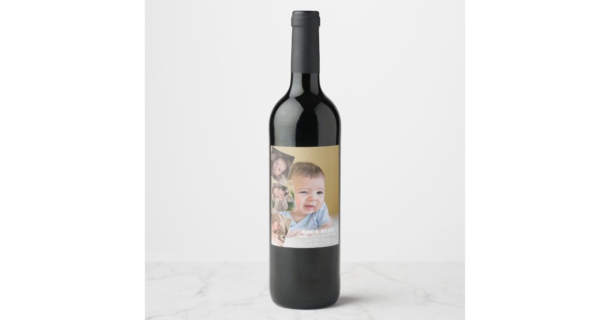 Baby Photo Collage Birth Announcement Wine Label | Zazzle