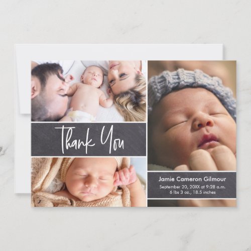 Baby Photo Collage Chalkboard Script type Thank You Card