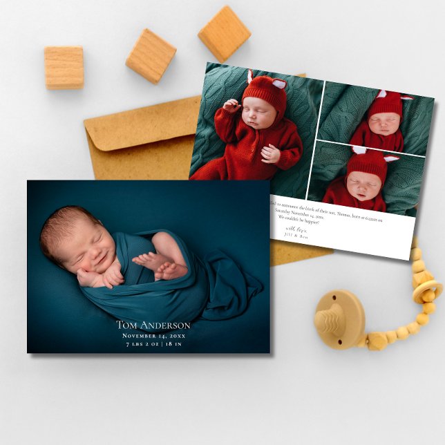 Baby Photo collage  Elegant Name Script Birth Anno Announcement (Creator Uploaded)