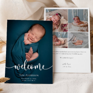 Baby Photo collage  Elegant Name Script Birth Announcement