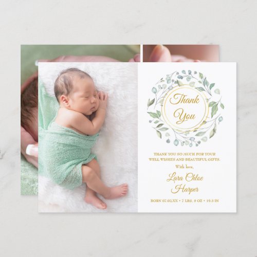 Baby Photo Collage Floral Gold Thank You Birth Announcement Postcard