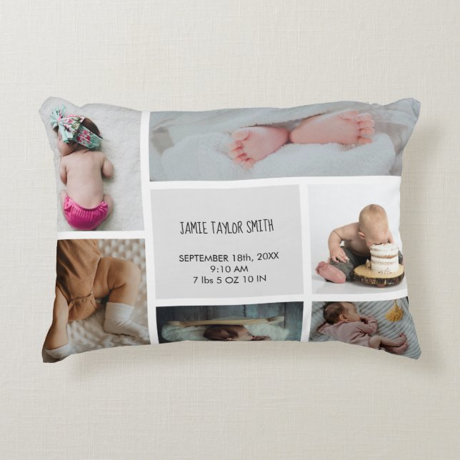 Baby Photo Collage Keepsake Name Birth Date  Accent Pillow (Front)