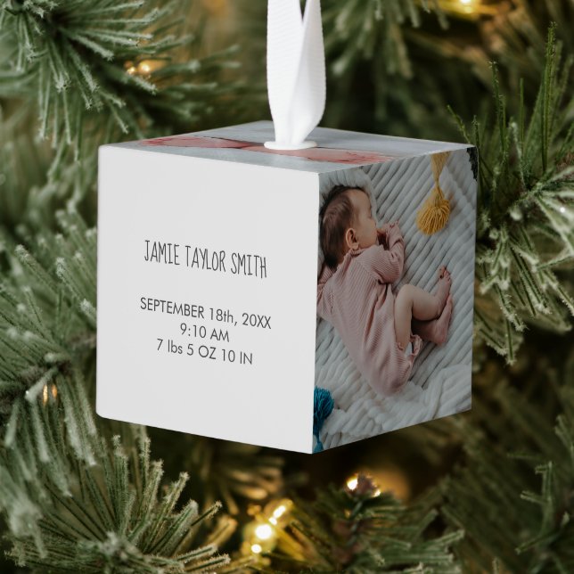 Baby Photo Collage Keepsake Name Birth Date Cube Ornament (Tree)