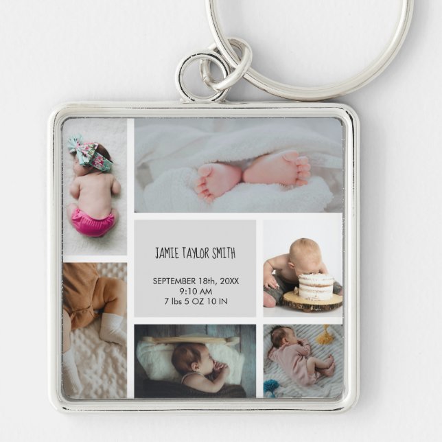 Baby Photo Collage Keepsake Name Birth Date Keychain (Front)