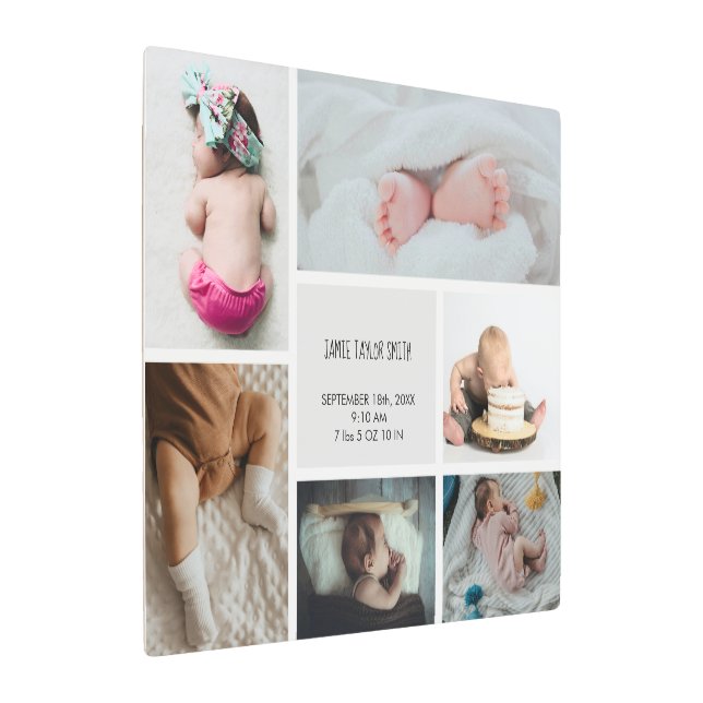 Baby Photo Collage Keepsake Name Birth Date Metal Print (Angled)