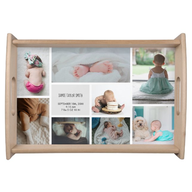 Baby Photo Collage Keepsake Name Birth Date Serving Tray (Front)
