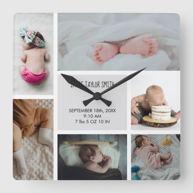 Baby Photo Collage Keepsake Name Birth Date Square Wall Clock (Front)