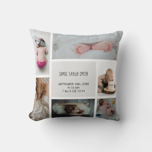 Baby Photo Collage Keepsake Name Birth Date Throw Pillow