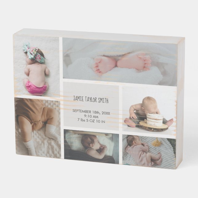 Baby Photo Collage Keepsake Name Birth Date Wooden Box Sign (Angled Horizontal)