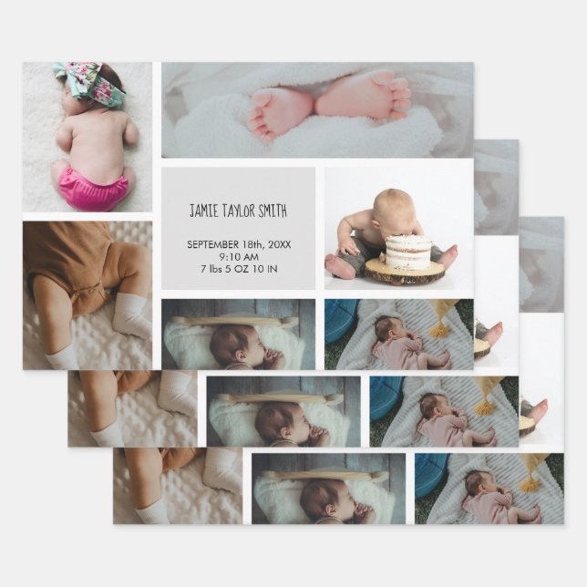 Baby Photo Collage Keepsake Name Birth Date Wrapping Paper Sheets (Set)