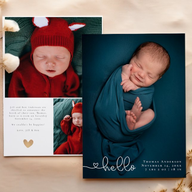 Baby Photo Collage Modern Heart Calligraphy Birth Announcement (Creator Uploaded)