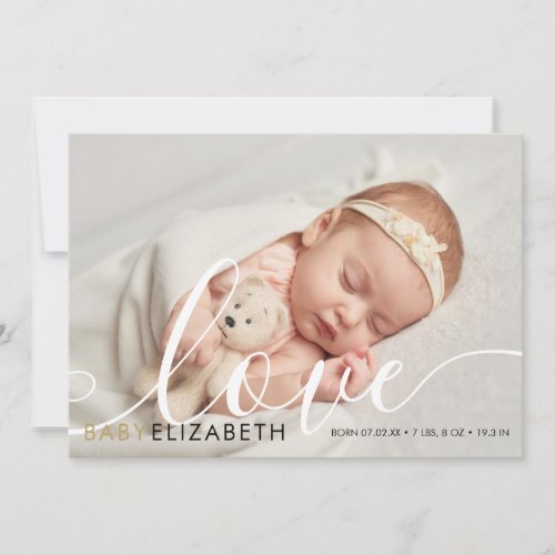 Baby Photo Cute Script Gold Love Hearts Birth Announcement