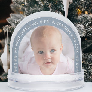 Baby Photo Dusty Blue Arch Snowflakes Christmas Snow Globe