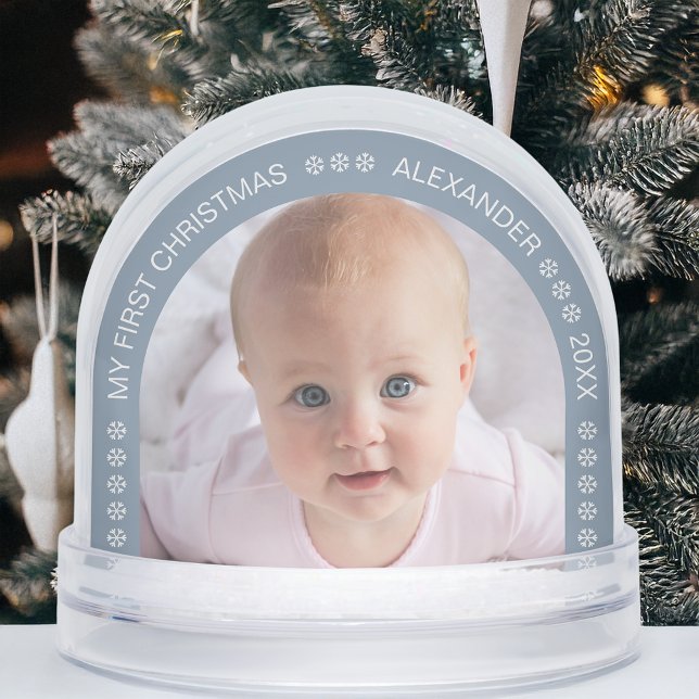 Baby Photo Dusty Blue Arch Snowflakes Christmas Snow Globe (Creator Uploaded)