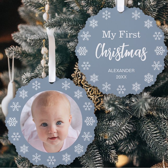 Baby Photo Dusty Blue First Christmas Snowflakes  Ornament Card (Creator Uploaded)