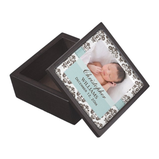Baby Photo Eggshell Blue Brown Damask Gift Box (Opened)