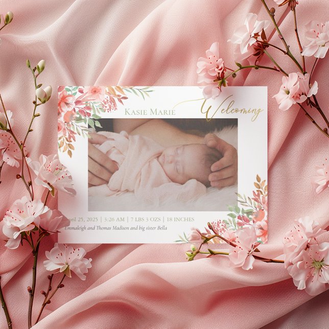 Baby Photo Elegant Blush Pink Floral Birth Announcement (Creator Uploaded)