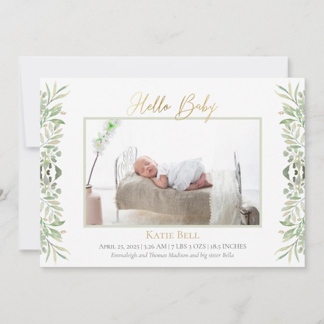 Baby Photo Elegant Botanical Leaves Birth Announcement (Front)