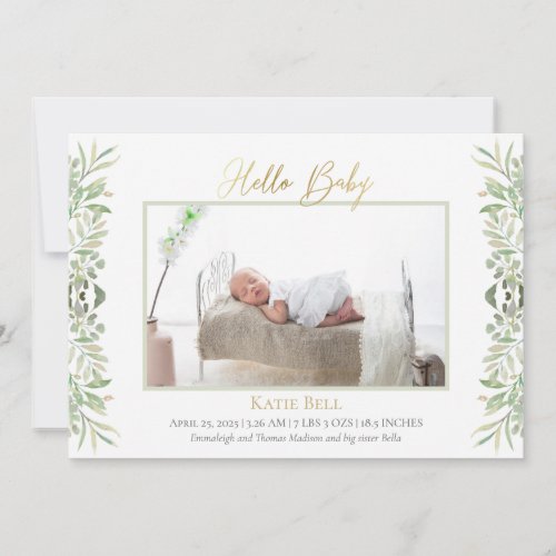 Baby Photo Elegant Botanical Leaves Birth Announcement