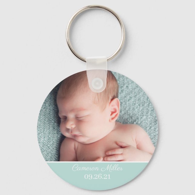 Baby Photo Elegant Mint Green Birth Announcement Keychain (Front)