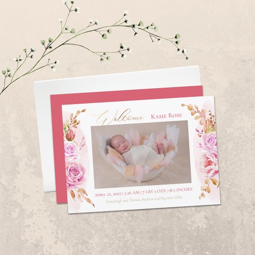 Baby Photo Elegant Rose Floral Birth Announcement