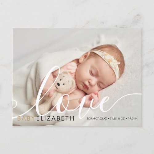 Baby Photo elegant Script Gold Love Hearts Birth Announcement Postcard