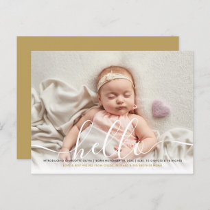 Baby Photo Elegant Script Hello Gold Birth Announ Announcement Postcard