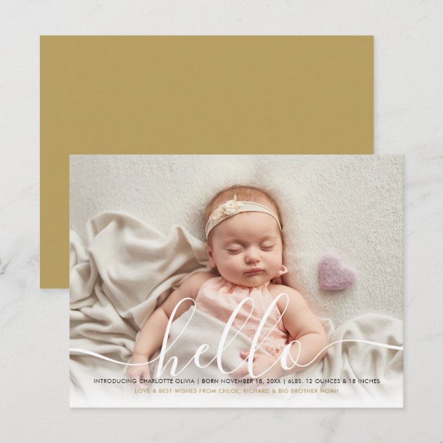 Baby Photo Elegant Script Hello Gold Birth  Announ Announcement Postcard (Front/Back)