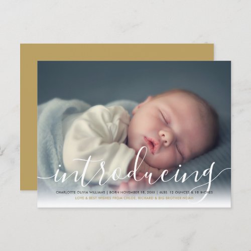 Baby Photo Elegant Script Introducing Gold Birth Announcement Postcard
