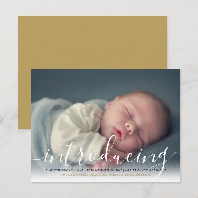 Baby Photo Elegant Script Introducing Gold Birth Announcement Postcard (Front/Back)