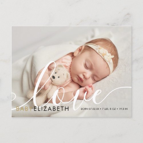 Baby Photo Elegant Script Love Thank You Birth Announcement Postcard