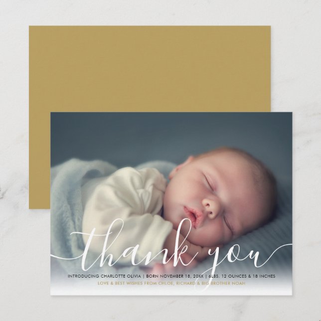 Baby Photo Elegant Script Thank You Gold Birth Ann Announcement Postcard (Front/Back)