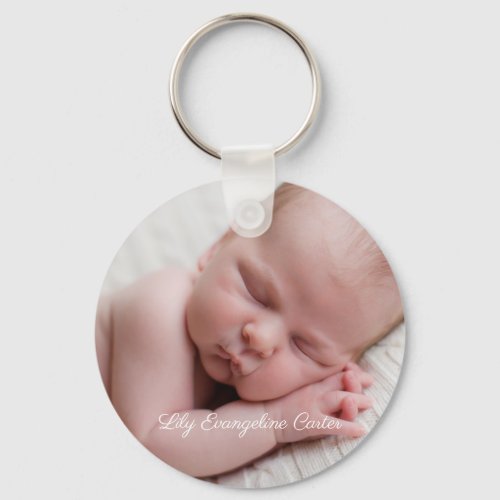 Baby Photo Elegant White Script Birth Announcement Keychain