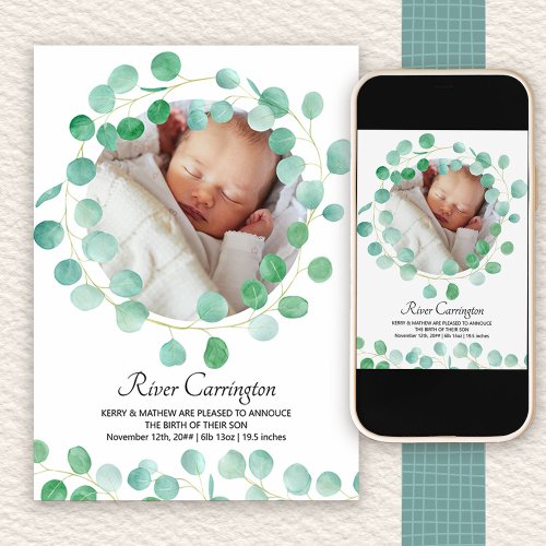 Baby Photo Eucalyptus Greenery Unisex Birth Announcement