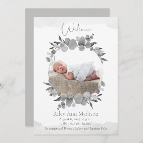 Baby Photo Eucalyptus Modern Gray Announcement