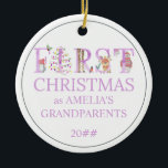 Baby Photo First Christmas as Grandparents Cute Ceramic Ornament<br><div class="desc">Photo Ornament for First Christmas as Grandparents (editable) personalized with your baby girl's name,  year and family baby picture. This cute animal typography design features whimsical lettering decorated with a penguin,  giraffe,  reindeer,  bear,  christmas birds,  holly and string lights. Lovely little 1st xmas keepsake to treasure forever.</div>