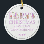 Baby Photo First Christmas as Grandparents Cute Ceramic Ornament<br><div class="desc">Photo Ornament for First Christmas as Grandparents (editable) personalized with your baby girl's name,  year and family baby picture. This cute animal typography design features whimsical lettering decorated with a penguin,  giraffe,  reindeer,  bear,  christmas birds,  holly and string lights. Lovely little 1st xmas keepsake to treasure forever.</div>