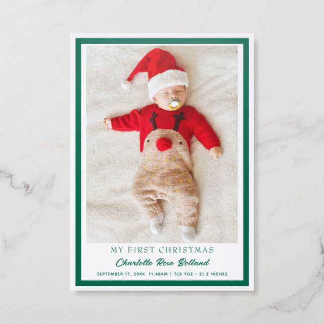 Baby Photo First Christmas Birth Stats Letterpress Photo Cards (Front)