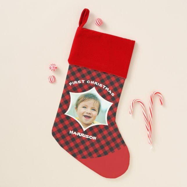 Baby Photo First Christmas Buffalo Plaid Stocking (Front)