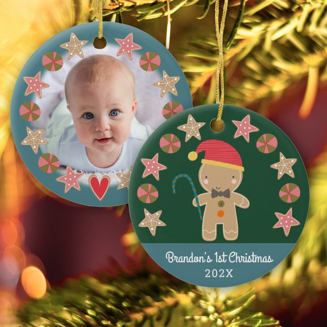 Baby Photo First Christmas Gingerbread Boy Green Ceramic Ornament (Creator Uploaded)