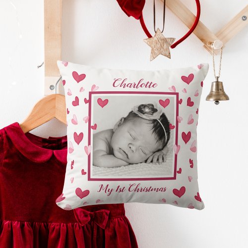 Baby Photo First Christmas Name Hearts Throw Pillow