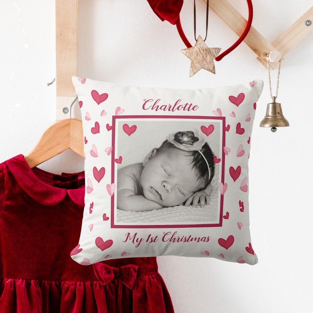Baby Photo, First Christmas, Name, Hearts Throw Pillow (Baby Photo, First Christmas, Name, Hearts Throw Pillow)