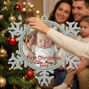 Baby Photo First Christmas Personalize Snowflake Pewter Christmas Ornament