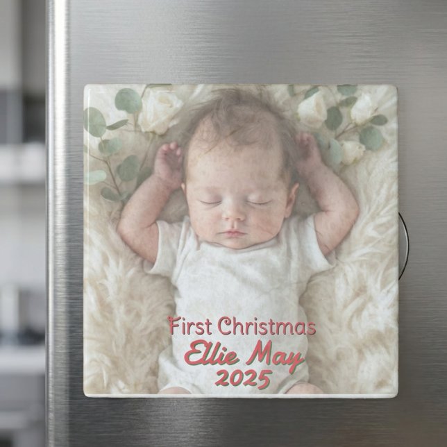 Baby Photo First Christmas Personalize Stone Magnet (Creator Uploaded)